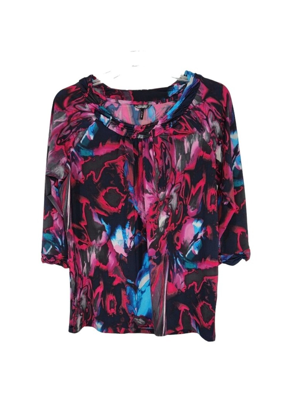 Daisy Fuentes Tunic Top Women Size L Blue Pink Red Colorful 3/4 Sleeve